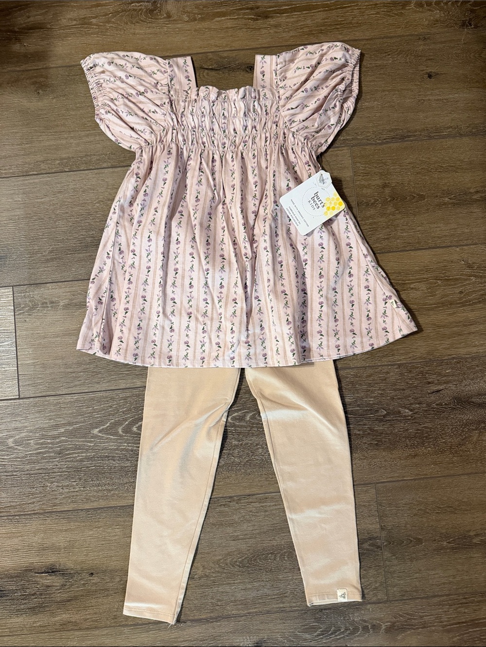 Burt's Bees Pale Purple Floral Smocked Top with Tan Leggings